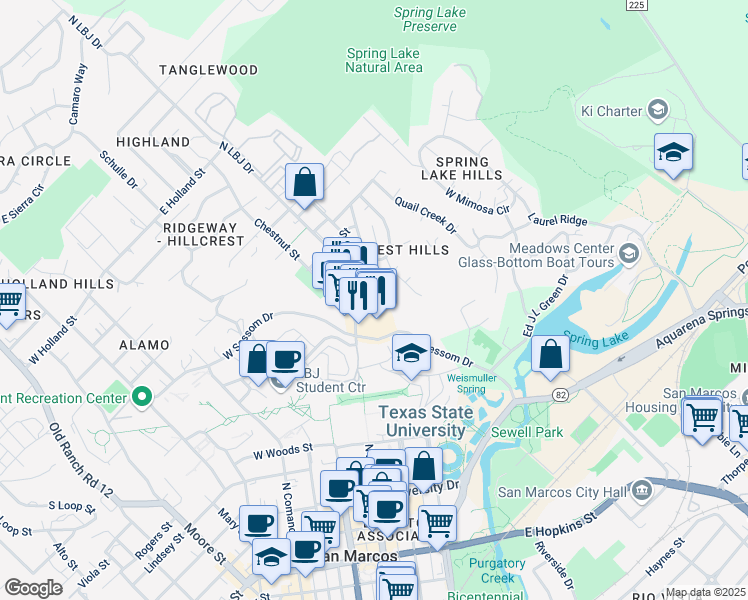 map of restaurants, bars, coffee shops, grocery stores, and more near 810 North LBJ Drive in San Marcos
