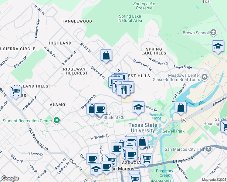 map of restaurants, bars, coffee shops, grocery stores, and more near 906 Chestnut Street in San Marcos