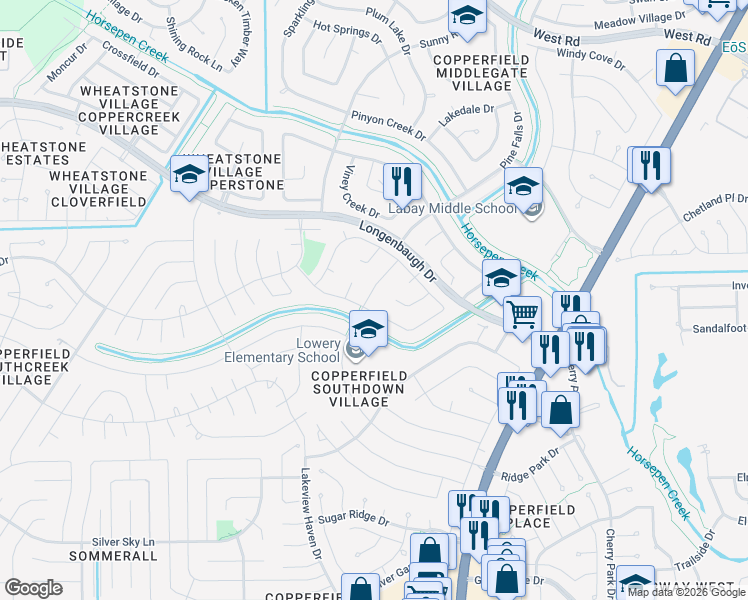 map of restaurants, bars, coffee shops, grocery stores, and more near 16119 Ridge Park Drive in Houston