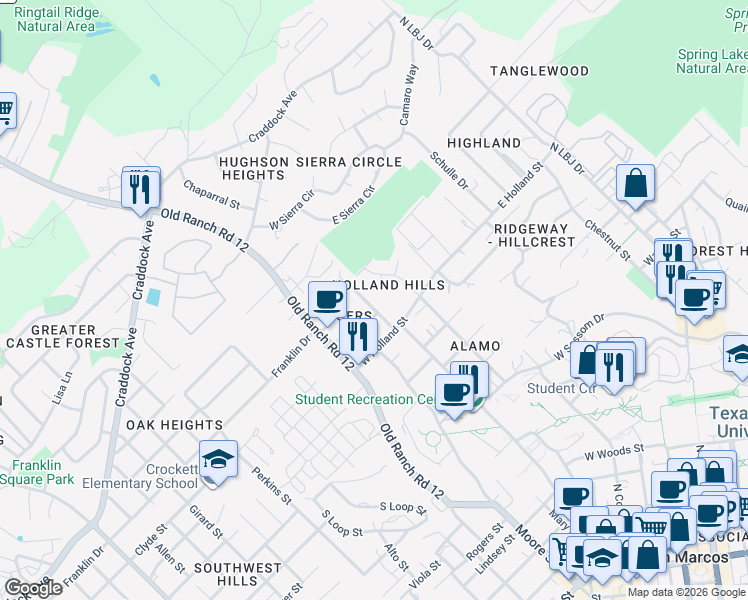 map of restaurants, bars, coffee shops, grocery stores, and more near 1508 Owens Street in San Marcos