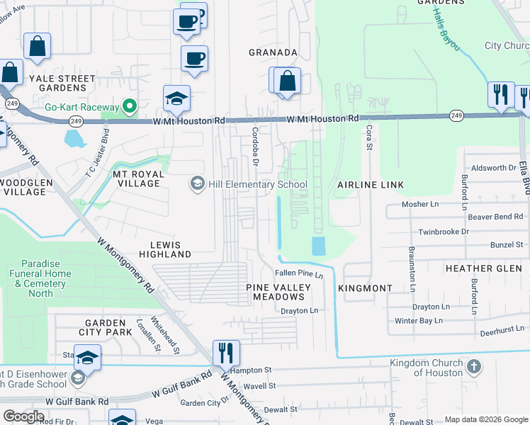 map of restaurants, bars, coffee shops, grocery stores, and more near 11018 Pine Desert Lane in Houston