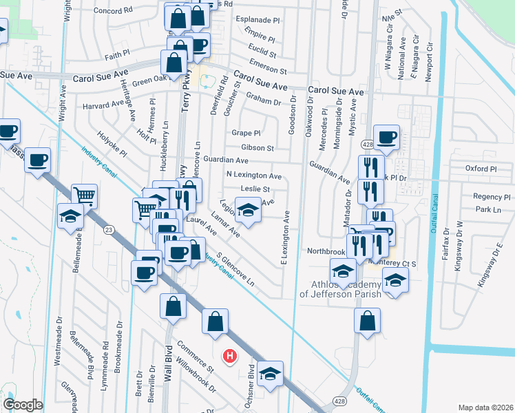 map of restaurants, bars, coffee shops, grocery stores, and more near 2156 Leslie Street in Terrytown