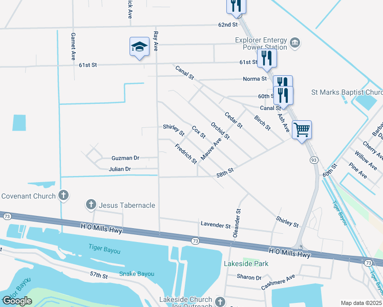 map of restaurants, bars, coffee shops, grocery stores, and more near 2270 Shirley Street in Port Arthur