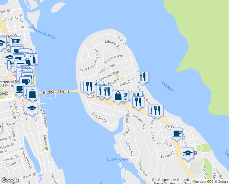 map of restaurants, bars, coffee shops, grocery stores, and more near 103 Coronado Street in Saint Augustine