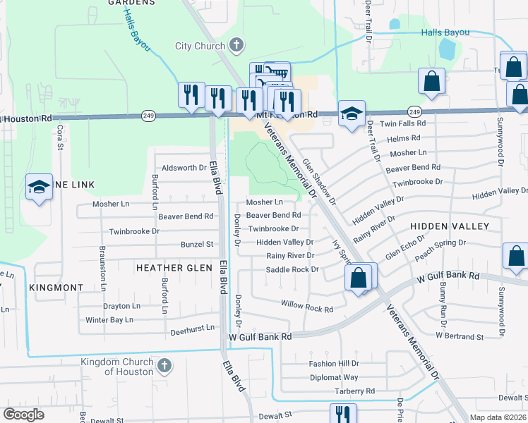 map of restaurants, bars, coffee shops, grocery stores, and more near 1634 Mosher Lane in Houston