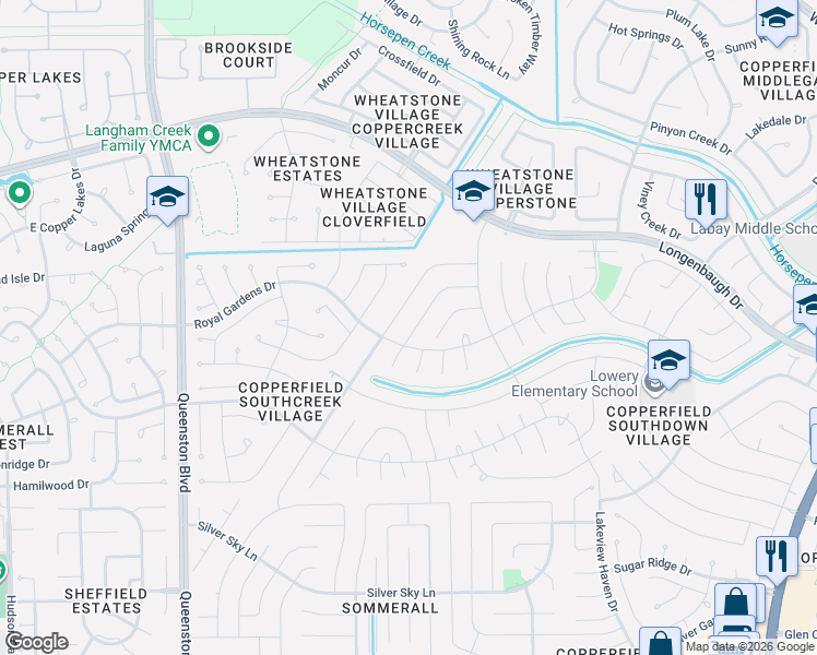 map of restaurants, bars, coffee shops, grocery stores, and more near 7830 Shangrila Lane in Houston