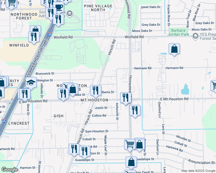 map of restaurants, bars, coffee shops, grocery stores, and more near 5817 Magnolia Street in Houston