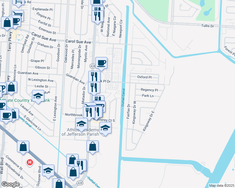map of restaurants, bars, coffee shops, grocery stores, and more near 2916 North Monterey Court in Terrytown