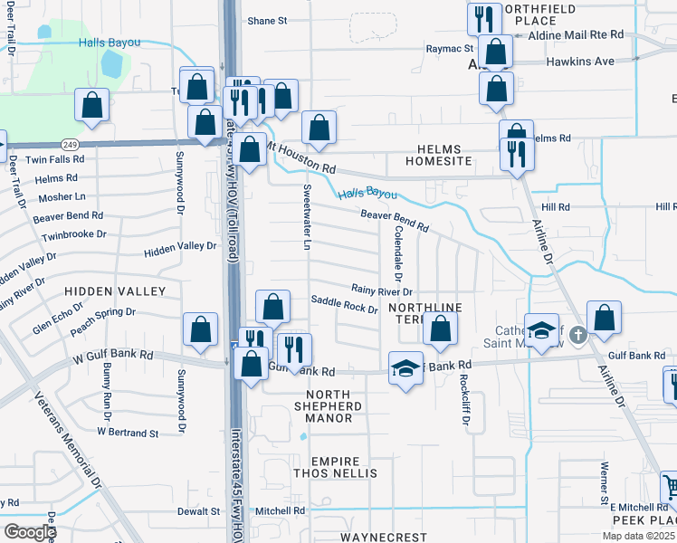 map of restaurants, bars, coffee shops, grocery stores, and more near 546 Rocky Mountain Drive in Houston