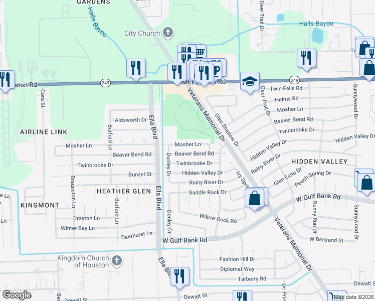 map of restaurants, bars, coffee shops, grocery stores, and more near 1634 Mosher Lane in Houston