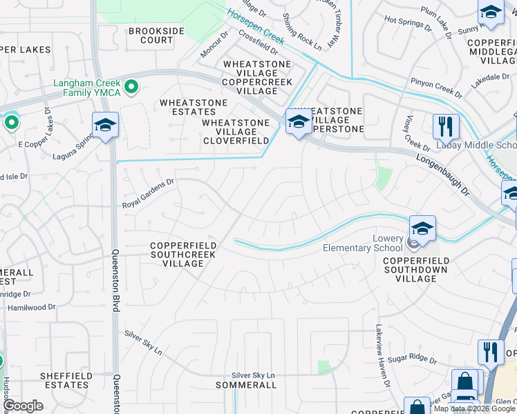 map of restaurants, bars, coffee shops, grocery stores, and more near 7830 Shangrila Lane in Houston