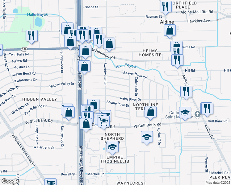 map of restaurants, bars, coffee shops, grocery stores, and more near 546 Rocky Mountain Drive in Houston