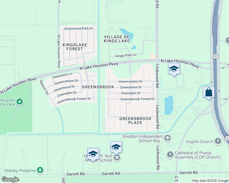 map of restaurants, bars, coffee shops, grocery stores, and more near 12223 Greenmesa Drive in Houston