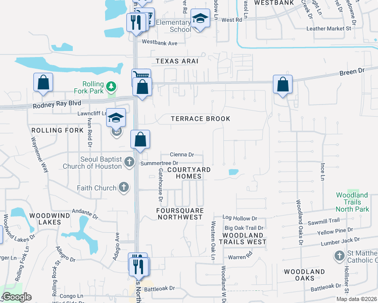 map of restaurants, bars, coffee shops, grocery stores, and more near 8214 Cienna Drive in Houston