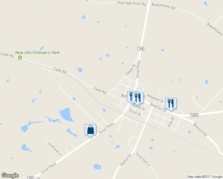 map of restaurants, bars, coffee shops, grocery stores, and more near 2412 Texas Street in New Ulm