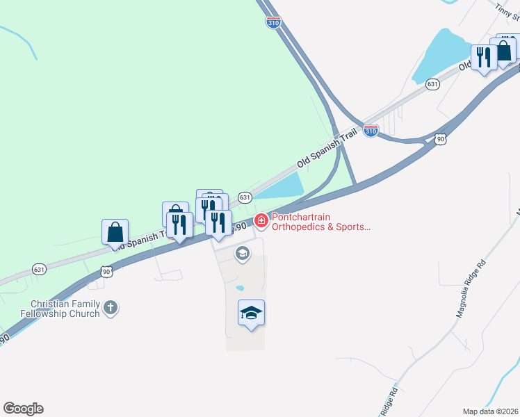 map of restaurants, bars, coffee shops, grocery stores, and more near 123 Kadax Street in Boutte