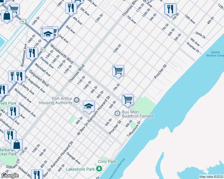 map of restaurants, bars, coffee shops, grocery stores, and more near 2933 7th Street in Port Arthur