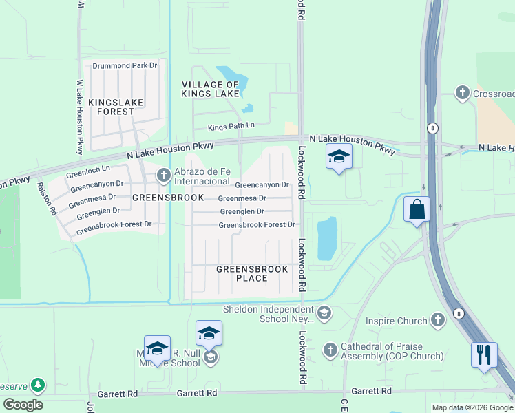 map of restaurants, bars, coffee shops, grocery stores, and more near 12419 Greenmesa Drive in Houston