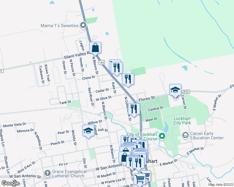 map of restaurants, bars, coffee shops, grocery stores, and more near 108 East Cedar Street in Lockhart