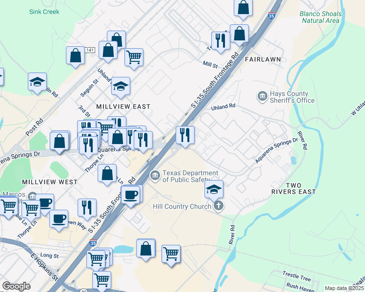 map of restaurants, bars, coffee shops, grocery stores, and more near 1600 North Interstate 35 in San Marcos