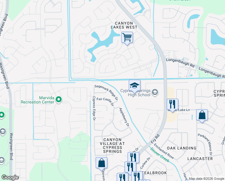 map of restaurants, bars, coffee shops, grocery stores, and more near 7806 Sagemark Ridge Drive in Cypress