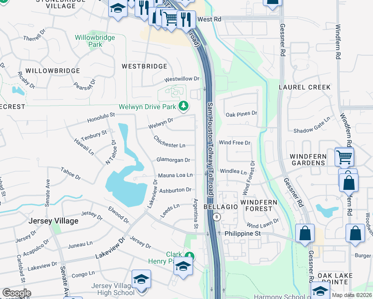 map of restaurants, bars, coffee shops, grocery stores, and more near 15310 Chichester Lane in Jersey Village