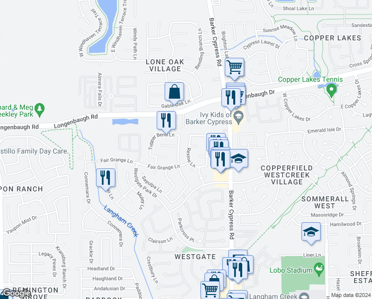 map of restaurants, bars, coffee shops, grocery stores, and more near 18219 Rexine Lane in Cypress