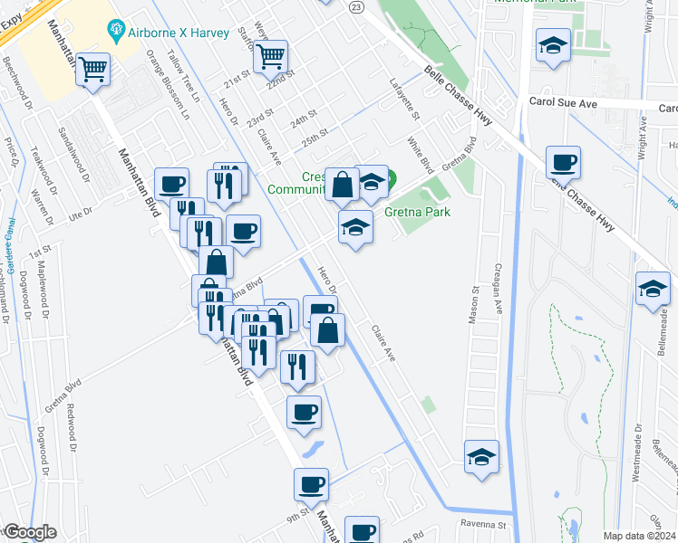 map of restaurants, bars, coffee shops, grocery stores, and more near 2936 Claire Avenue in Gretna