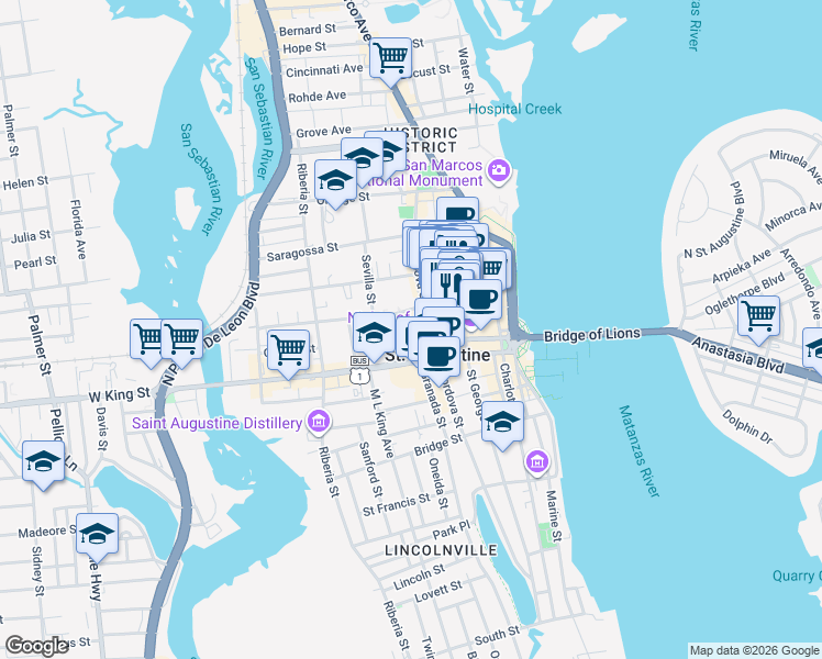 map of restaurants, bars, coffee shops, grocery stores, and more near 74 King Street in St. Augustine