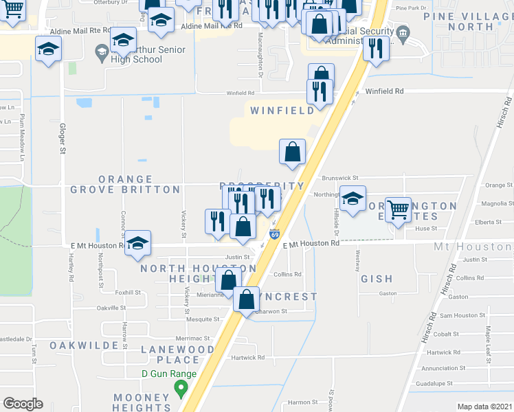 map of restaurants, bars, coffee shops, grocery stores, and more near 4918 Orange Grove Drive in Houston