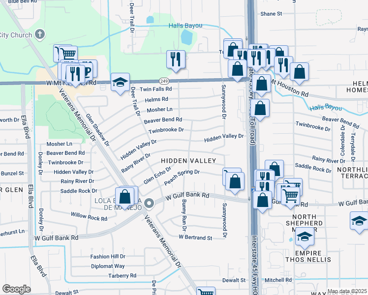 map of restaurants, bars, coffee shops, grocery stores, and more near 1003 Hidden Valley Drive in Houston