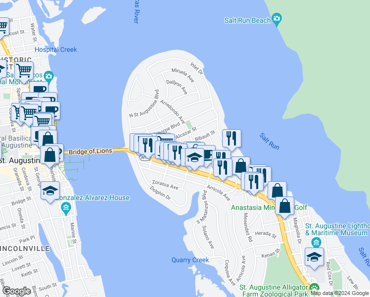 map of restaurants, bars, coffee shops, grocery stores, and more near 107 Coronado Street in St. Augustine
