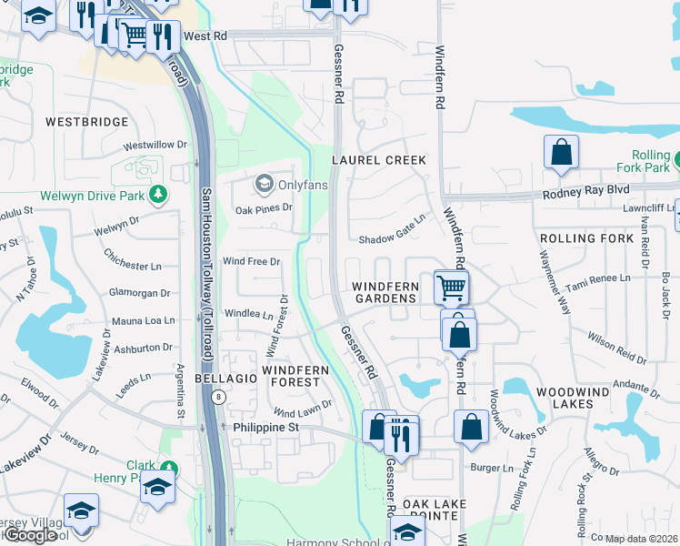 map of restaurants, bars, coffee shops, grocery stores, and more near 8335 Wind Willow Drive in Houston