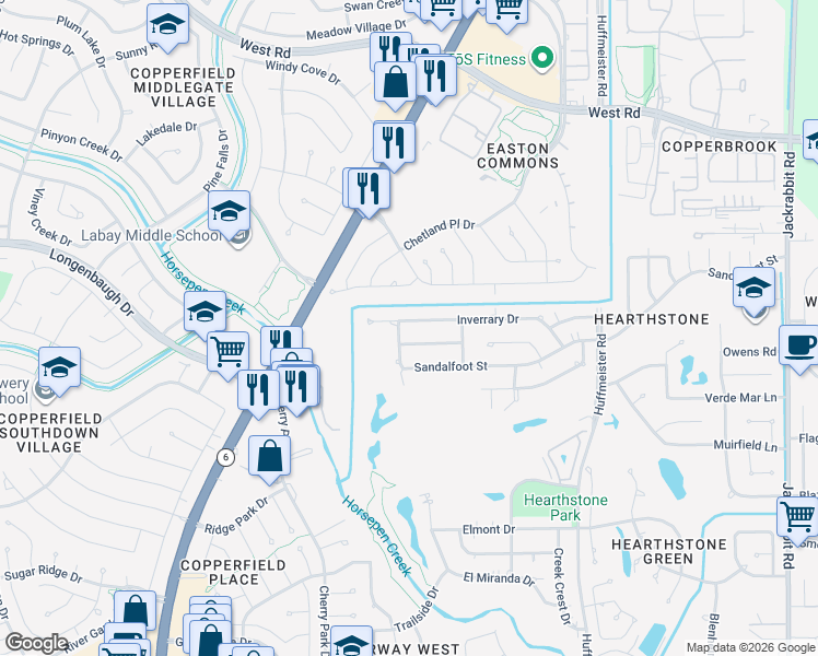 map of restaurants, bars, coffee shops, grocery stores, and more near 14966 Inverrary Drive in Houston