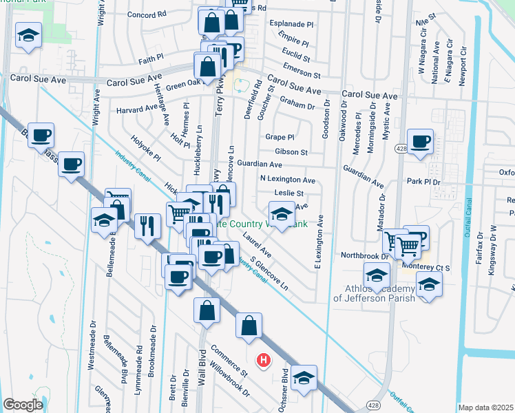 map of restaurants, bars, coffee shops, grocery stores, and more near in Terrytown