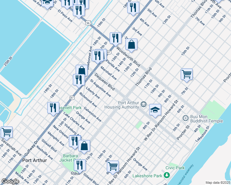 map of restaurants, bars, coffee shops, grocery stores, and more near 1320 Dequeen Boulevard in Port Arthur