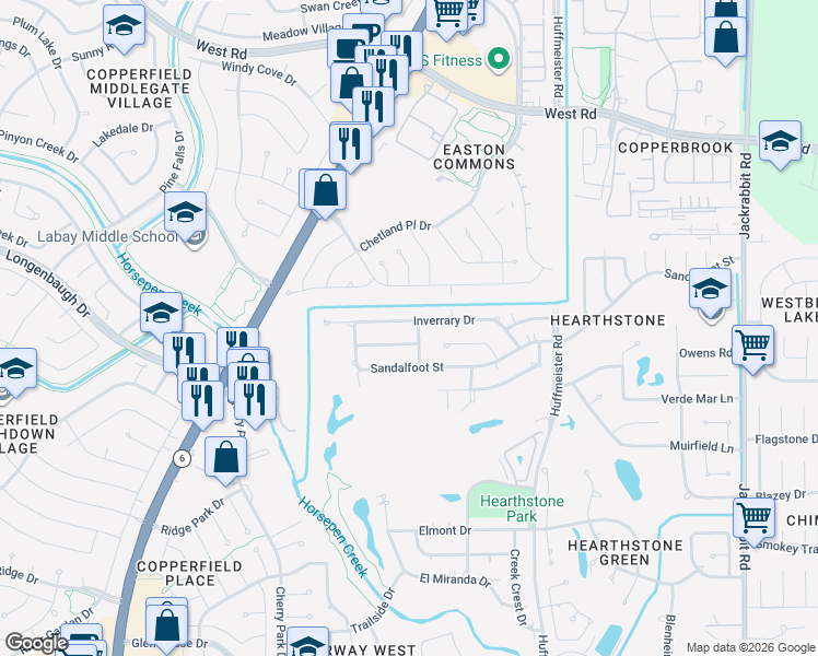 map of restaurants, bars, coffee shops, grocery stores, and more near 14934 Inverrary Drive in Houston