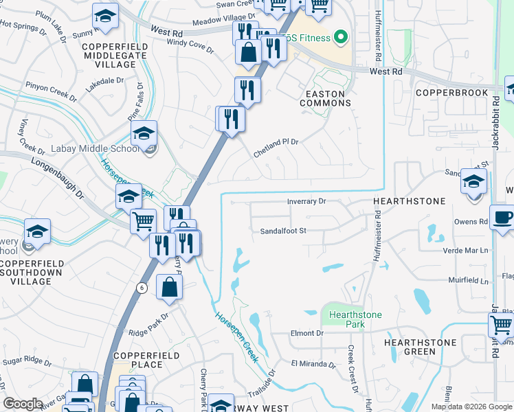 map of restaurants, bars, coffee shops, grocery stores, and more near 14966 Inverrary Drive in Houston