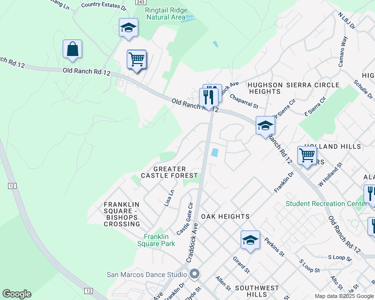 map of restaurants, bars, coffee shops, grocery stores, and more near 1720 Ramona Circle in San Marcos