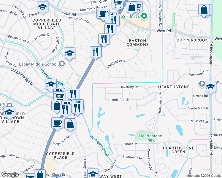 map of restaurants, bars, coffee shops, grocery stores, and more near 14966 Inverrary Drive in Houston