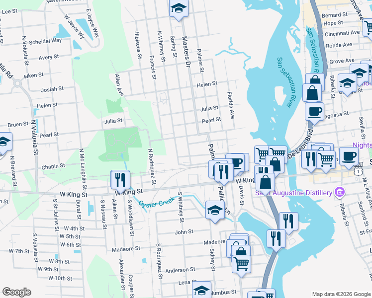 map of restaurants, bars, coffee shops, grocery stores, and more near 27 Spring Street in St. Augustine