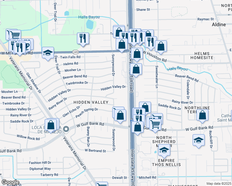 map of restaurants, bars, coffee shops, grocery stores, and more near 802 Rocky Mount Drive in Houston