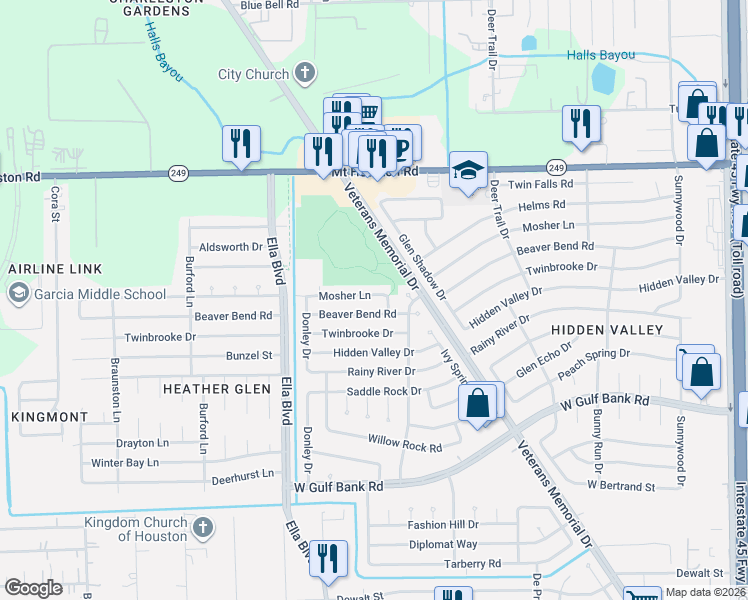 map of restaurants, bars, coffee shops, grocery stores, and more near 1634 Mosher Lane in Houston