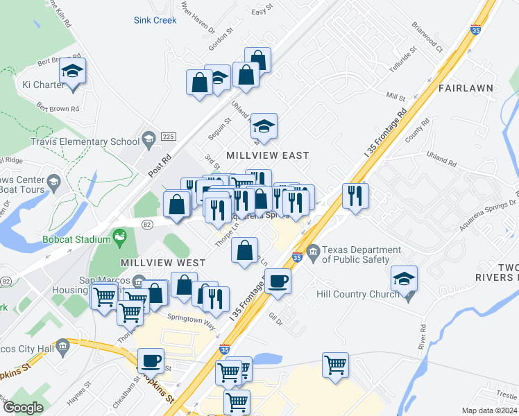 map of restaurants, bars, coffee shops, grocery stores, and more near 1617 Aquarena Springs Drive in San Marcos
