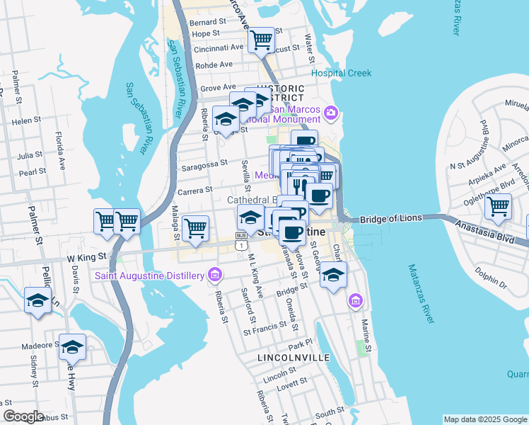 map of restaurants, bars, coffee shops, grocery stores, and more near 74 King Street in St. Augustine