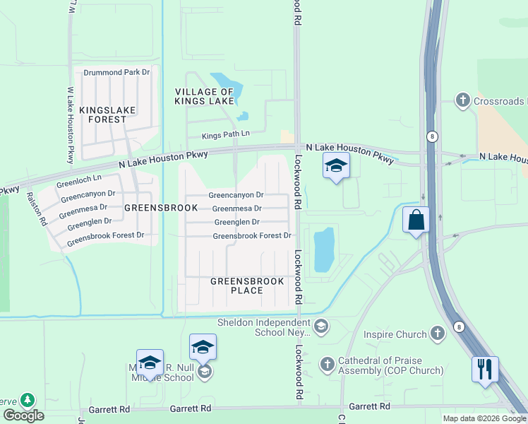 map of restaurants, bars, coffee shops, grocery stores, and more near 12502 Greenmesa Drive in Houston