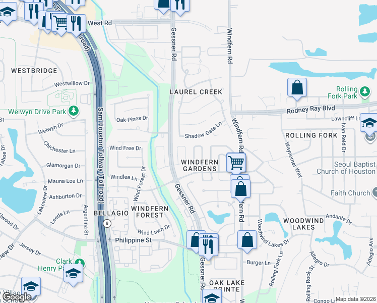 map of restaurants, bars, coffee shops, grocery stores, and more near 8335 Wind Willow Drive in Houston