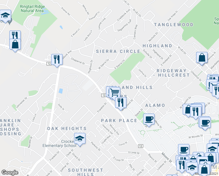 map of restaurants, bars, coffee shops, grocery stores, and more near 133 Coers Drive in San Marcos