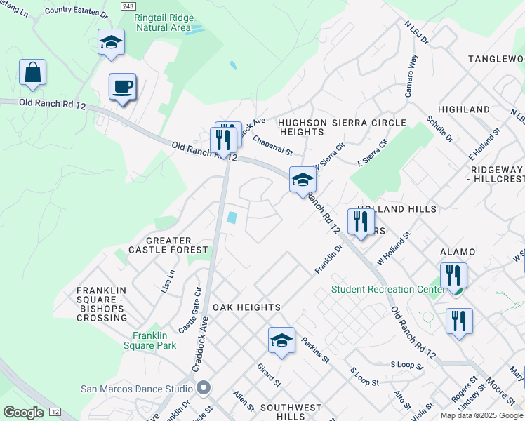 map of restaurants, bars, coffee shops, grocery stores, and more near Unnamed Road in San Marcos