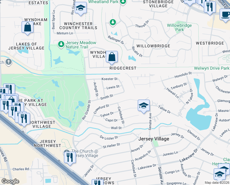 map of restaurants, bars, coffee shops, grocery stores, and more near 16226 Smith Street in Jersey Village